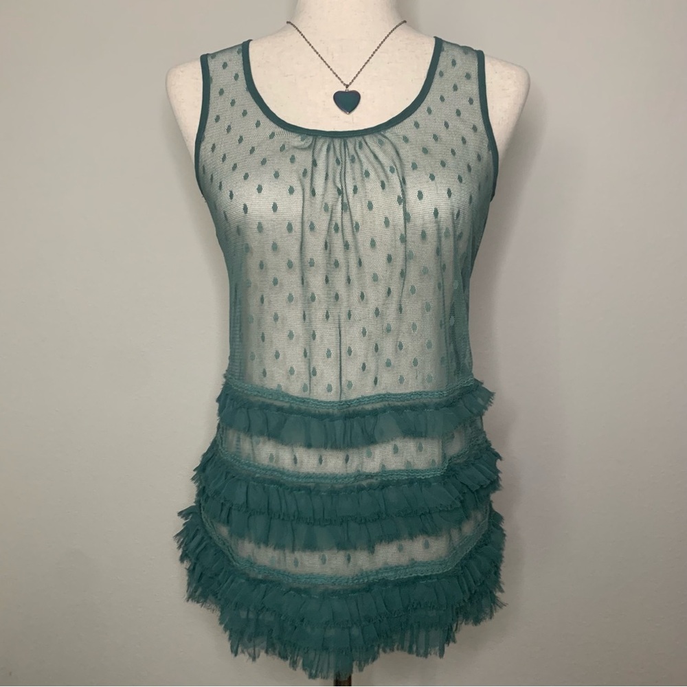 Y2k Teal Mesh fluffy layered polka dot Blouse size Small